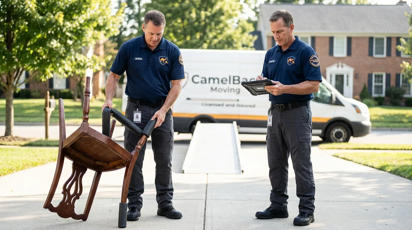 Movers inspecting furniture for damage prevention before loading in Taylor, AZ