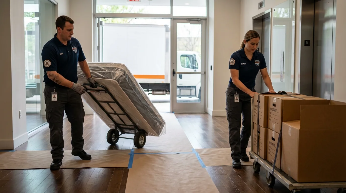 Professional apartment movers loading elevator in Taylor, AZ